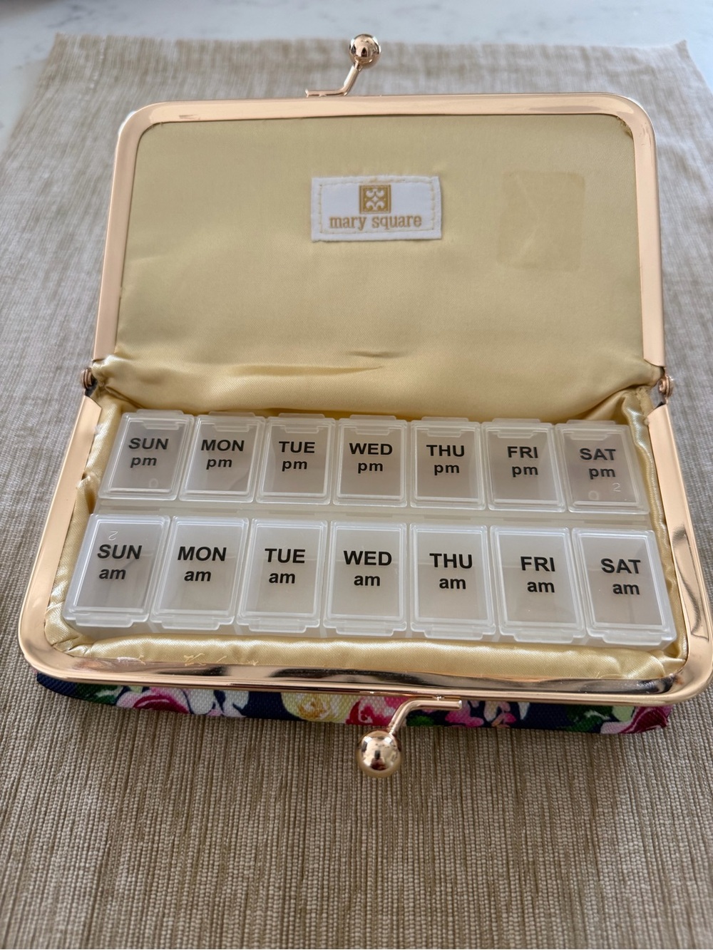 Mary Square Floral Navy & Gold Kiss-Lock Travel Pill Organizer
